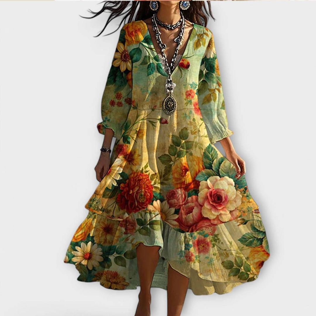 Robe Midi Bohème Femme | Imprimé Fleuri & Col en V