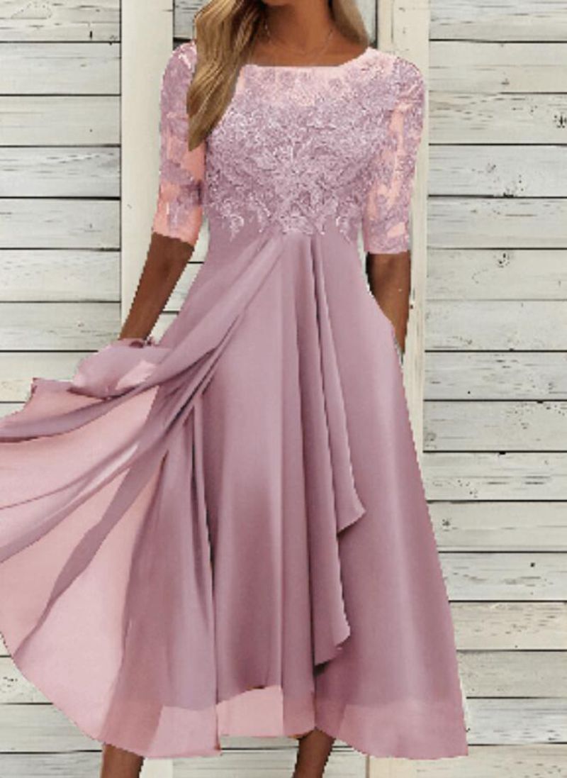 Robe de cocktail Élégante en Chiffon & Dentelle pour femme | Midi