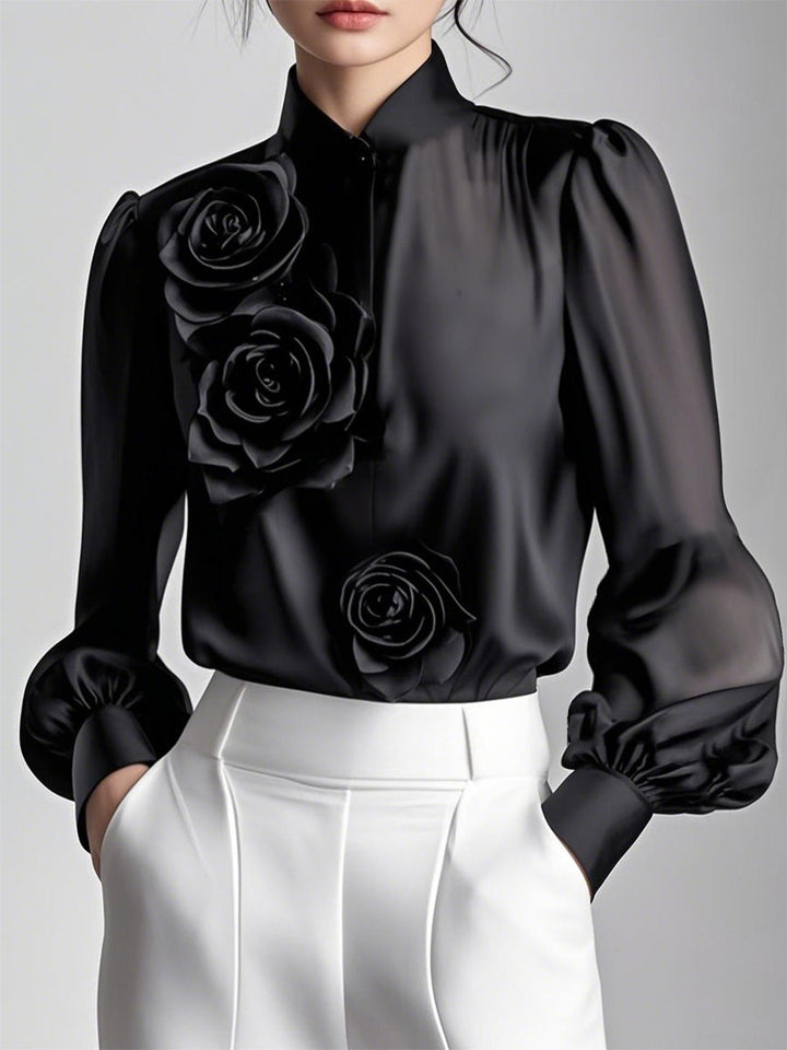 Chemisier Blanc Élégant | Détails de Roses 3D