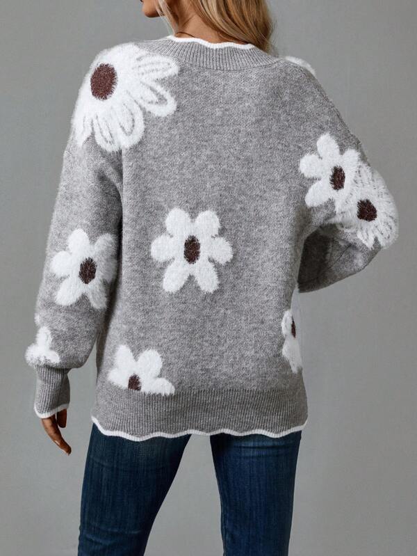Ellen | Tricot en cachemire à col V et à fleurs