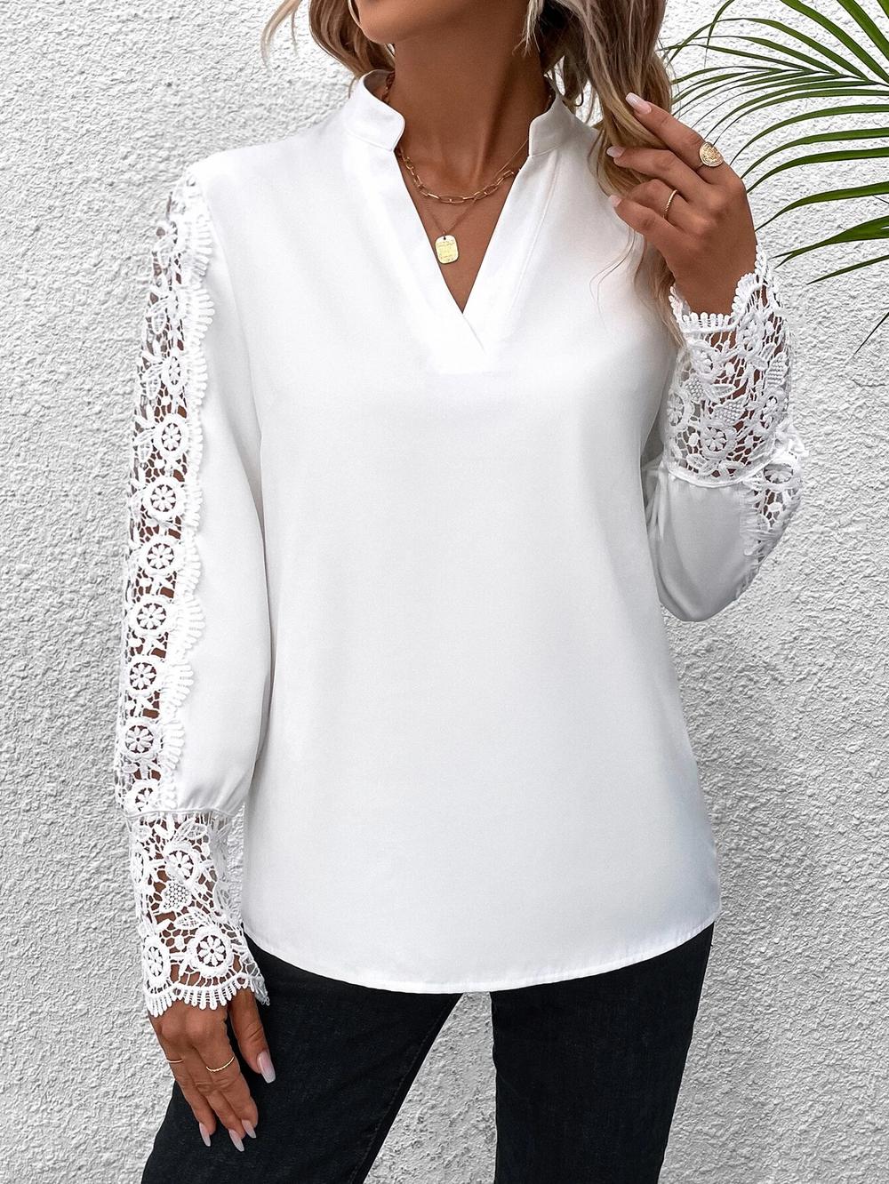 Blouse Élégante Femme Col en V Dentelle | Manches Longues & Coupe Chic