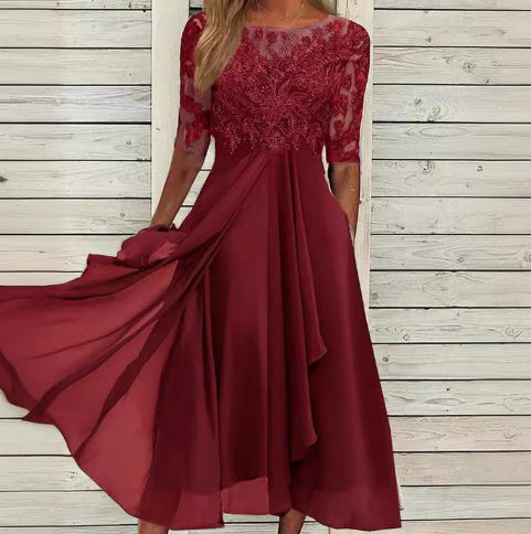 Robe de cocktail Élégante en Chiffon & Dentelle pour femme | Midi