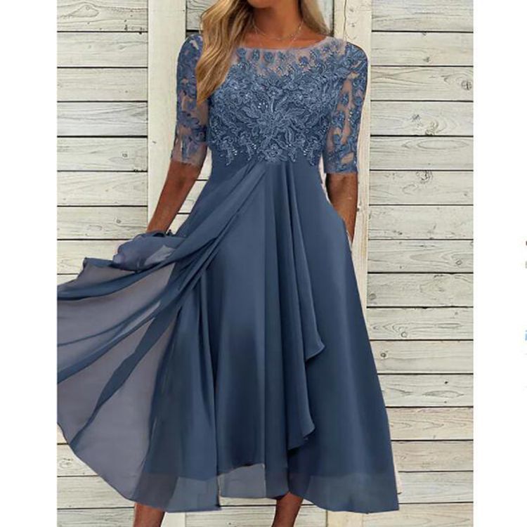 Robe de cocktail Élégante en Chiffon & Dentelle pour femme | Midi