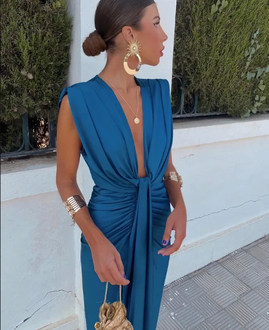 Sage | Deep V Neck Evening Dress