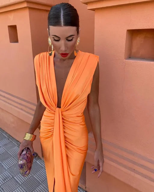 Sage | Deep V Neck Evening Dress