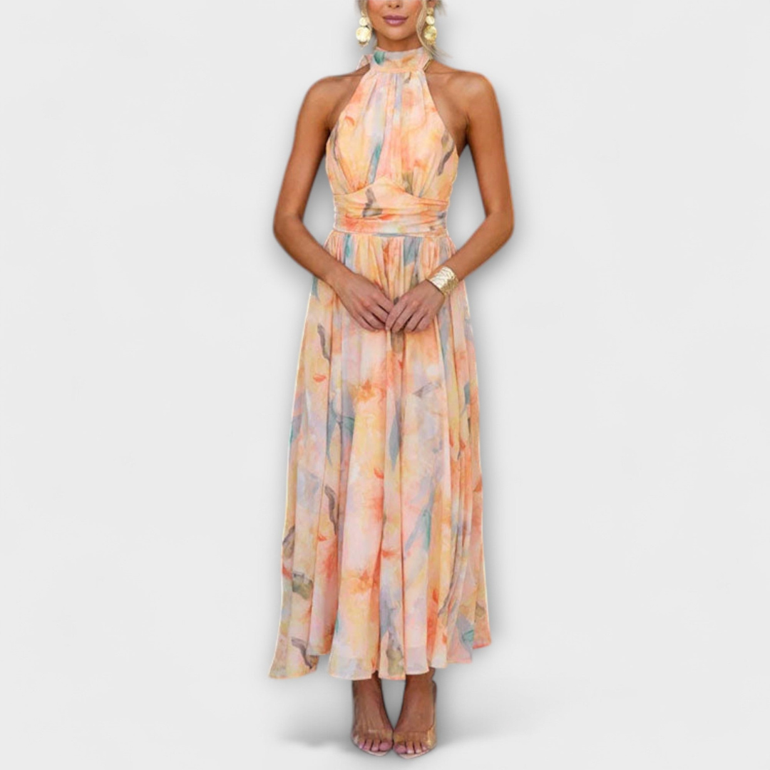 Robe Longue Femme à Col Halter | Dos Nu & Imprimé Aquarelle