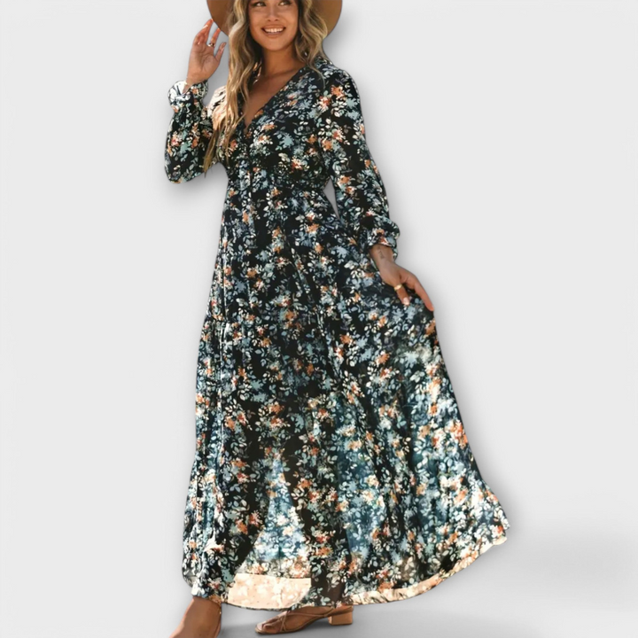 Robe Longue Femme Fleurie | Col en V & Manches Longues Plissées