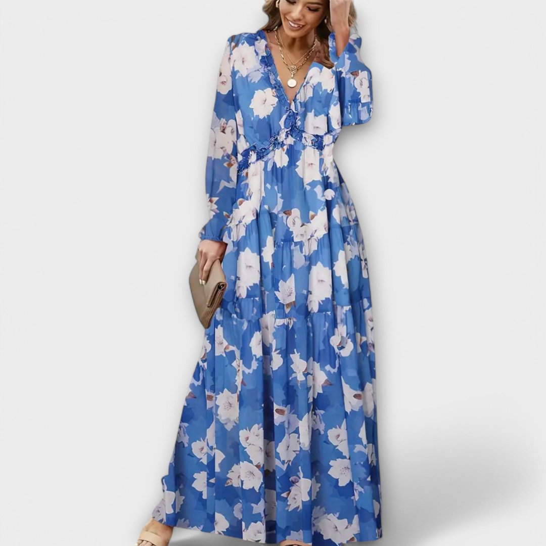 Robe Longue Femme Fleurie | Col en V & Manches Longues Plissées