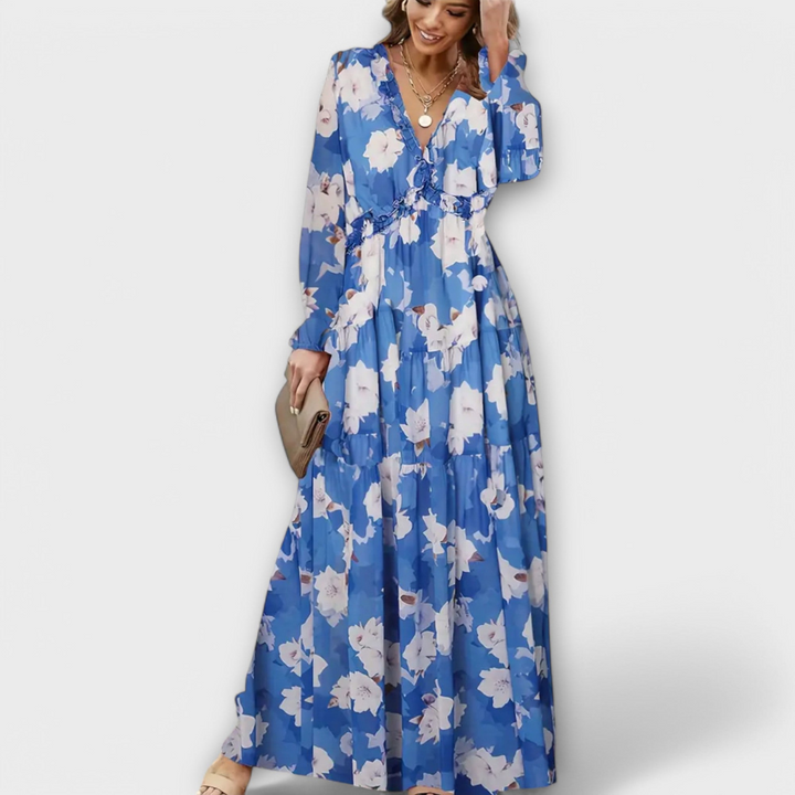 Robe Longue Femme Fleurie | Col en V & Manches Longues Plissées