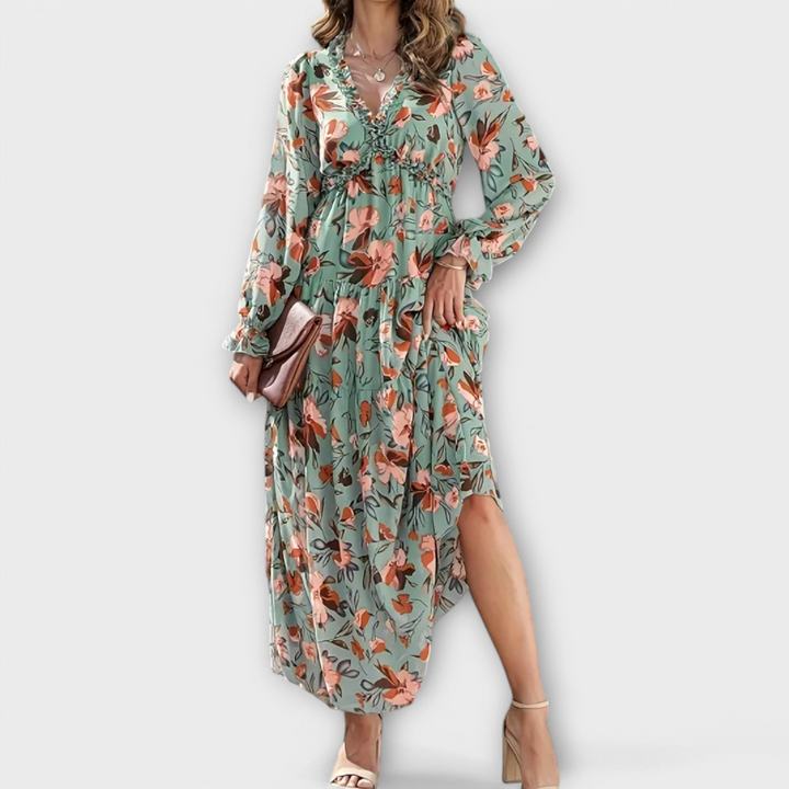 Robe Longue Femme Fleurie | Col en V & Manches Longues Plissées