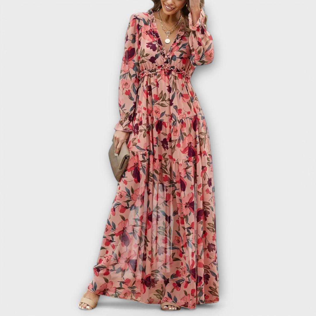 Robe Longue Femme Fleurie | Col en V & Manches Longues Plissées