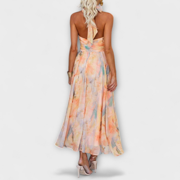 Robe Longue Femme à Col Halter | Dos Nu & Imprimé Aquarelle