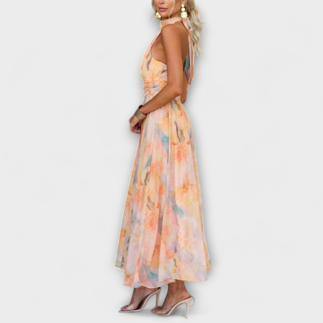 Robe Longue Femme à Col Halter | Dos Nu & Imprimé Aquarelle