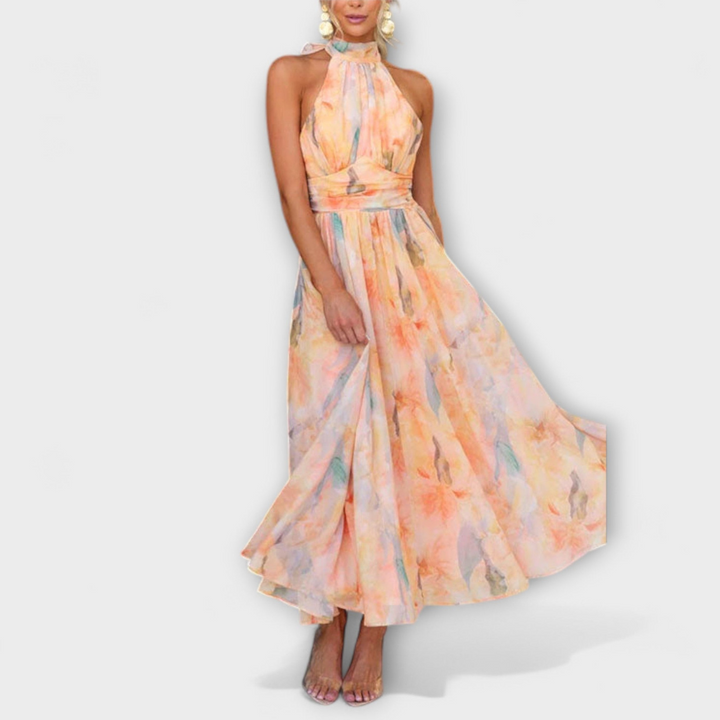Robe Longue Femme à Col Halter | Dos Nu & Imprimé Aquarelle