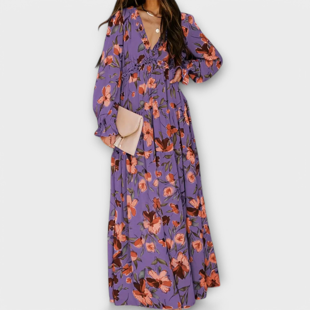 Robe Longue Femme Fleurie | Col en V & Manches Longues Plissées