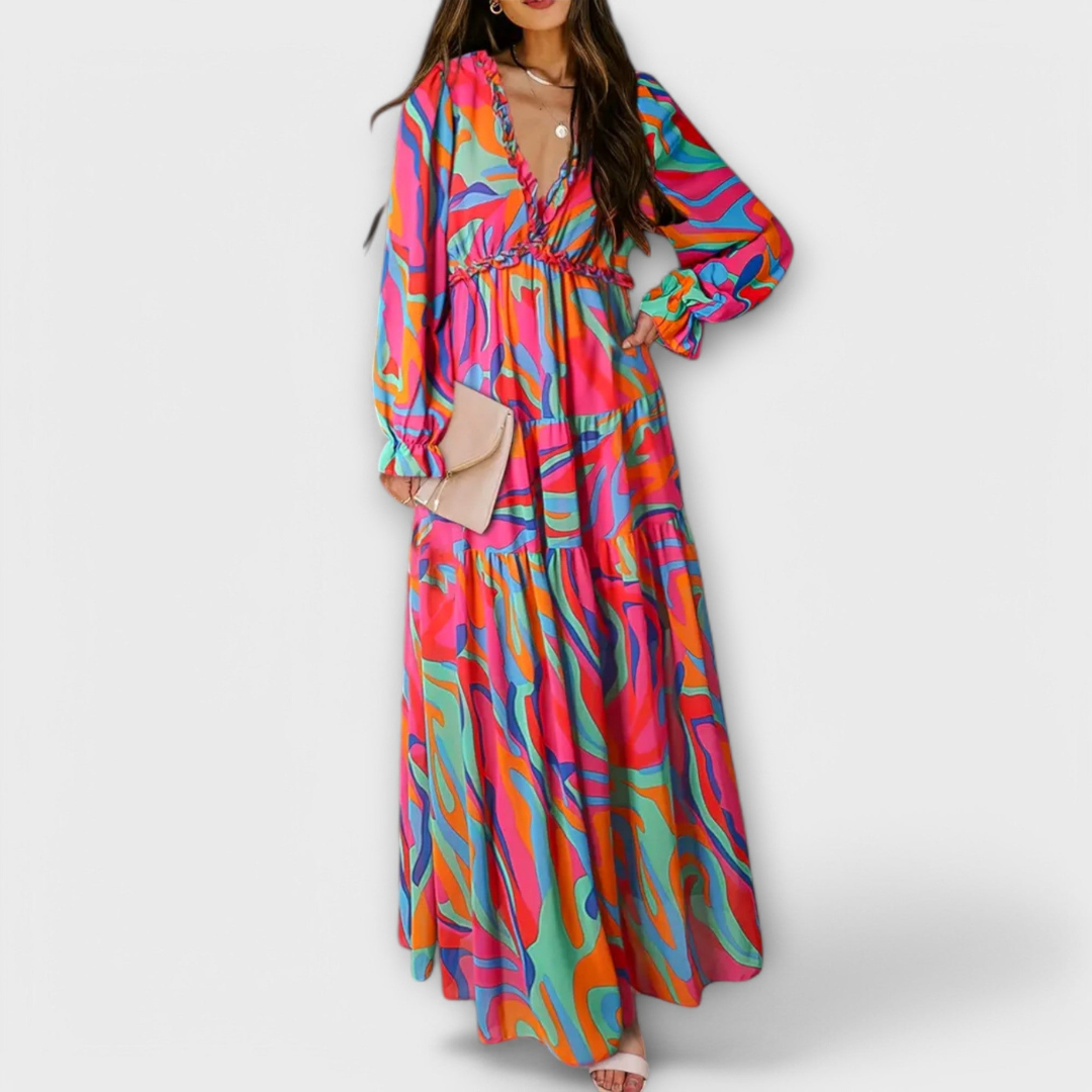 Robe Longue Femme Fleurie | Col en V & Manches Longues Plissées