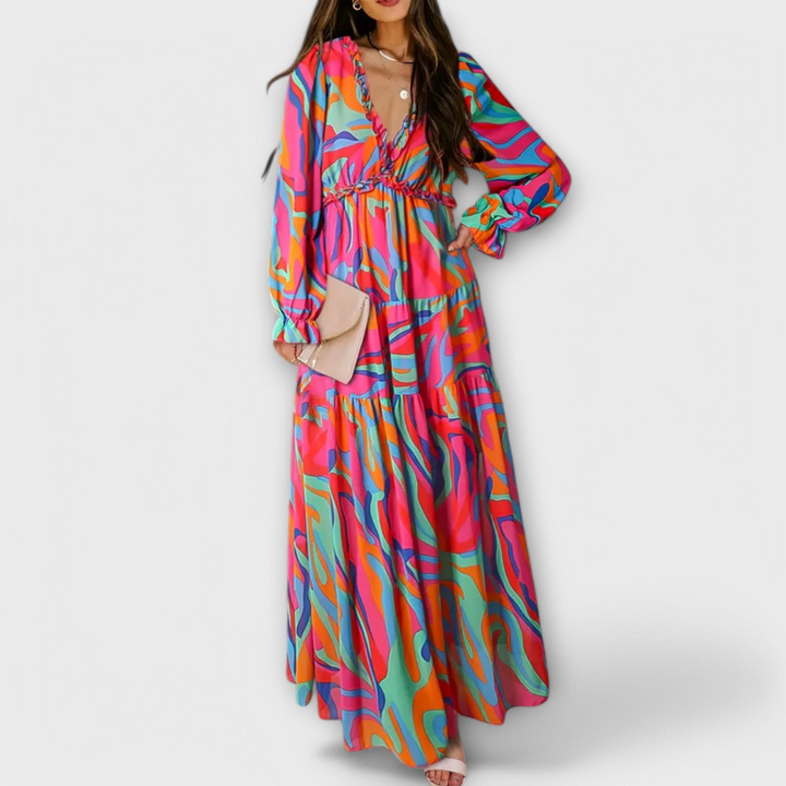 Robe Longue Femme Fleurie | Col en V & Manches Longues Plissées