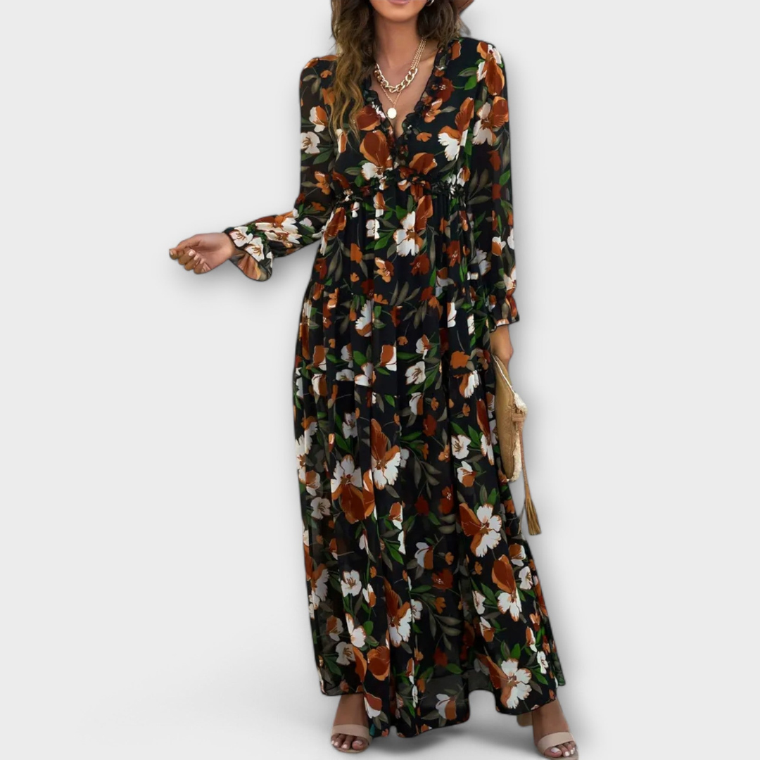 Robe Longue Femme Fleurie | Col en V & Manches Longues Plissées