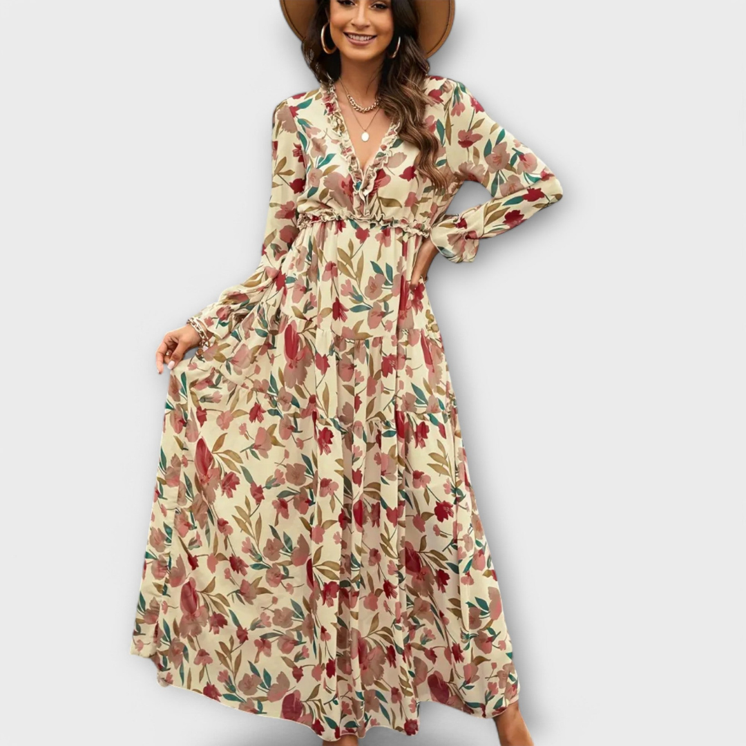 Robe Longue Femme Fleurie | Col en V & Manches Longues Plissées