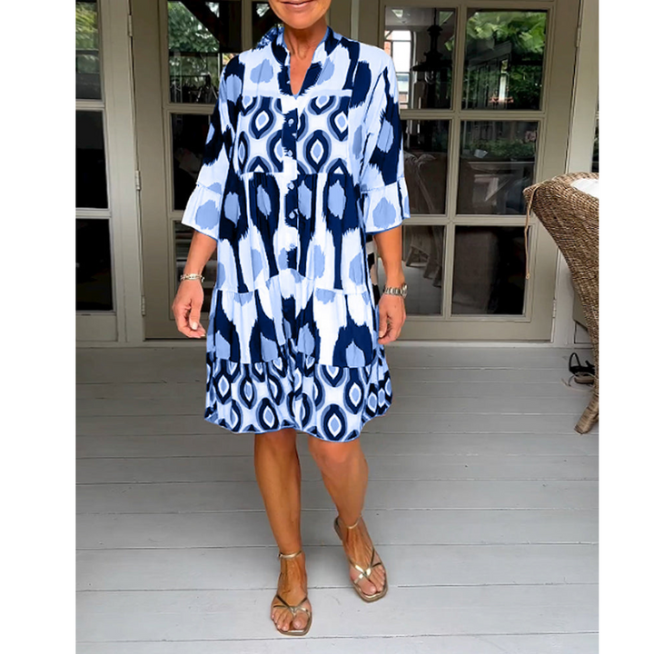 Robe Femme Évasée Imprimée | Col en V & Manches 3/4 Évasées