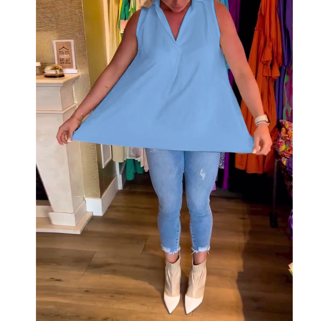 Women's Sleeveless Top with Lapel Collar | Plain &amp; Pleated at the Back