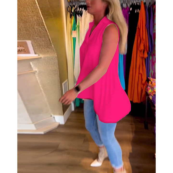 Women's Sleeveless Top with Lapel Collar | Plain &amp; Pleated at the Back