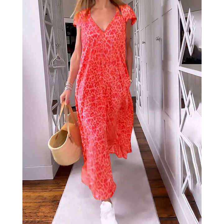 Robe Longue Femme à Imprimé Léopard | Col en V & Poches