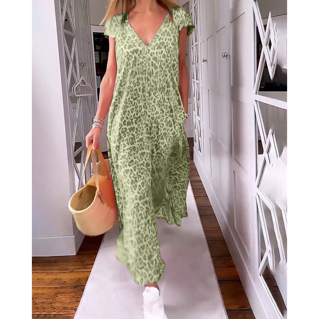 Robe Longue Femme à Imprimé Léopard | Col en V & Poches