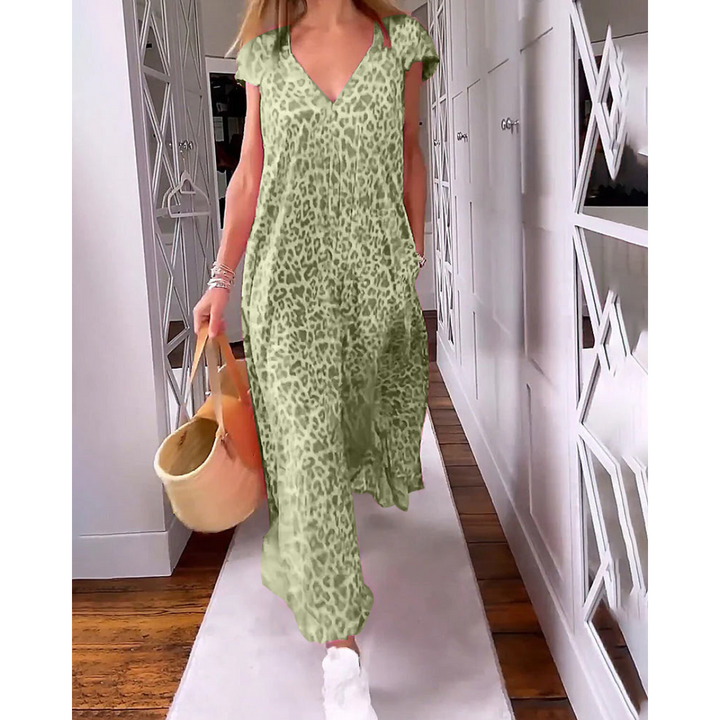 Robe Longue Femme à Imprimé Léopard | Col en V & Poches