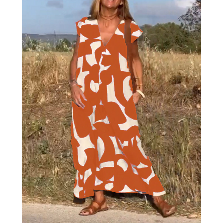 Robe Longue Femme Imprimée | Col en V & Coupe Évasée