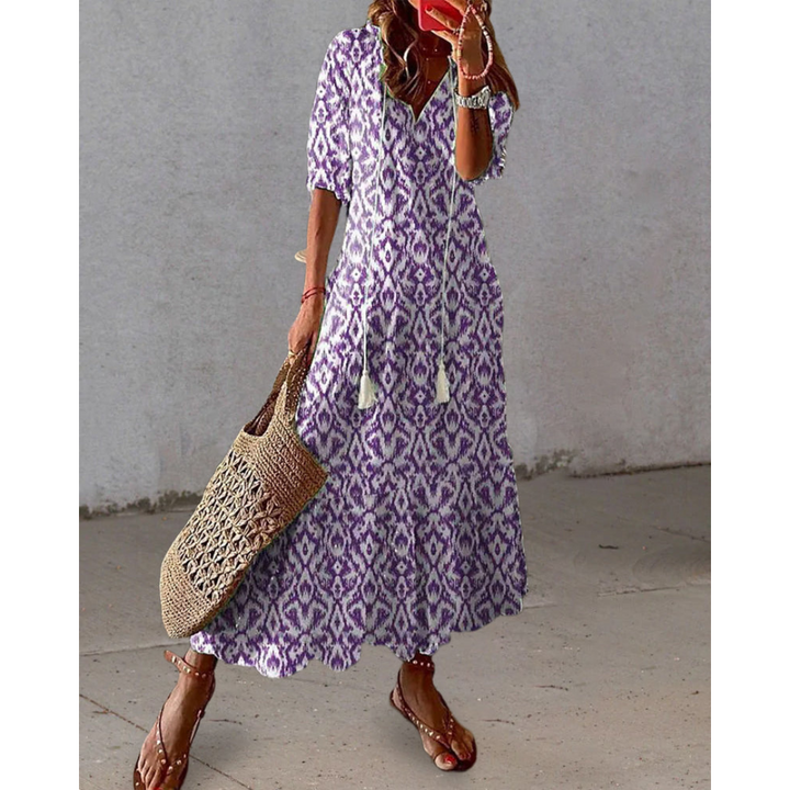 Robe Longue Femme Imprimée | Col en V & Manches Lanterne avec Cordon