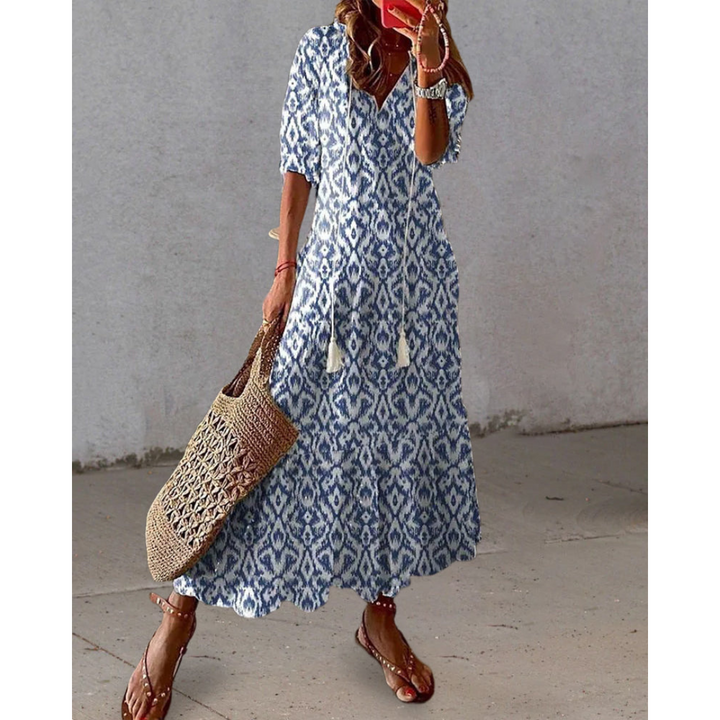 Robe Longue Femme Imprimée | Col en V & Manches Lanterne avec Cordon