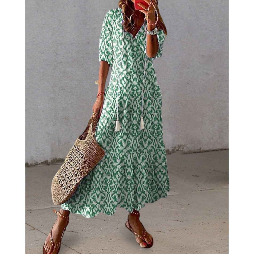 Robe Longue Femme Imprimée | Col en V & Manches Lanterne avec Cordon