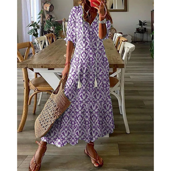 Robe Longue Femme Imprimée | Col en V & Manches Lanterne avec Cordon