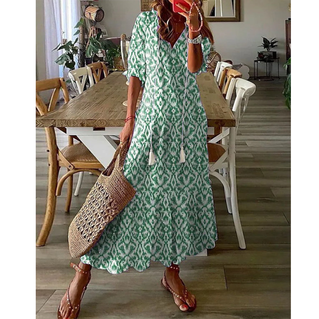 Robe Longue Femme Imprimée | Col en V & Manches Lanterne avec Cordon