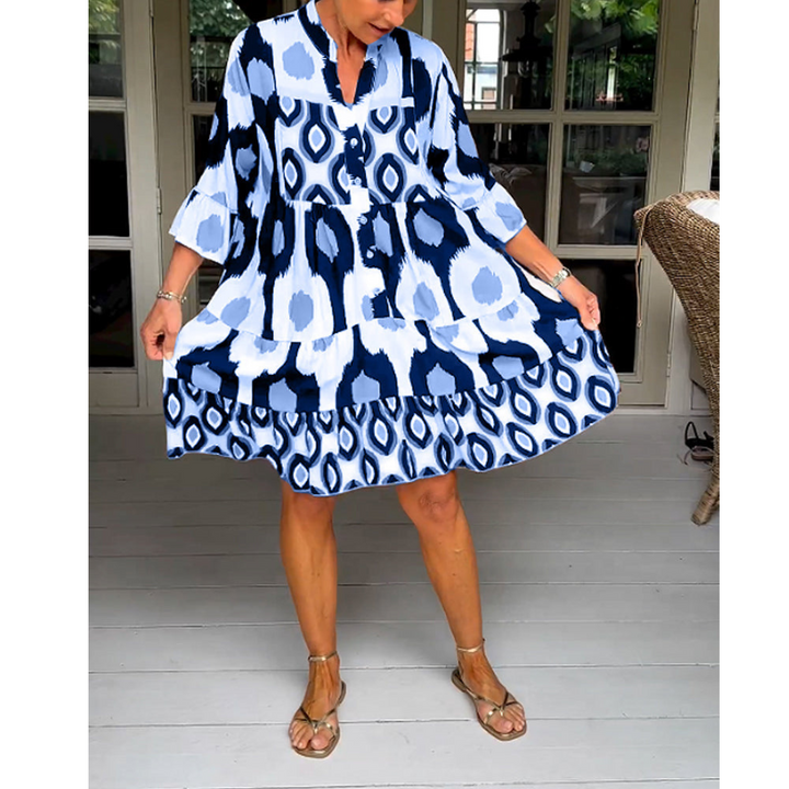 Robe Femme Évasée Imprimée | Col en V & Manches 3/4 Évasées