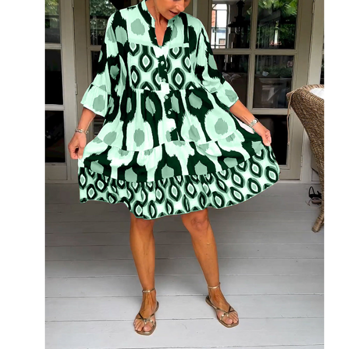 Robe Femme Évasée Imprimée | Col en V & Manches 3/4 Évasées