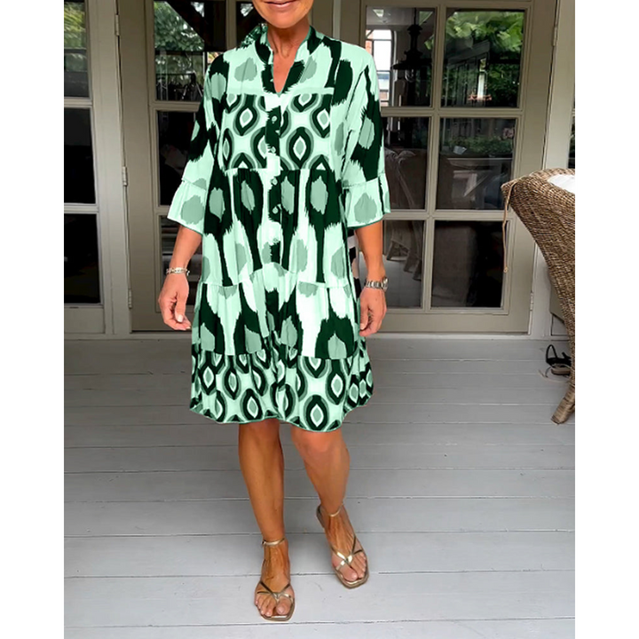 Robe Femme Évasée Imprimée | Col en V & Manches 3/4 Évasées