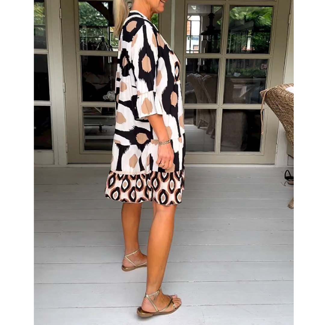 Robe Femme Évasée Imprimée | Col en V & Manches 3/4 Évasées