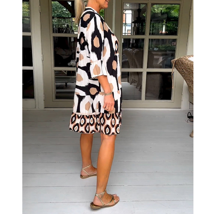 Robe Femme Évasée Imprimée | Col en V & Manches 3/4 Évasées