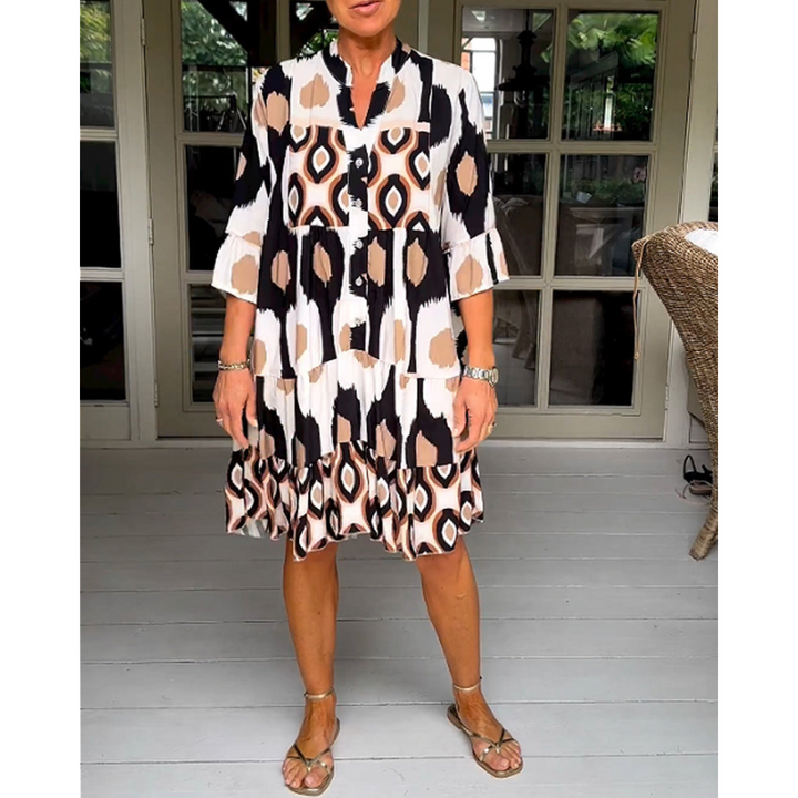 Robe Femme Évasée Imprimée | Col en V & Manches 3/4 Évasées