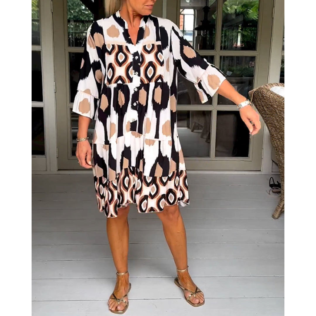 Robe Femme Évasée Imprimée | Col en V & Manches 3/4 Évasées