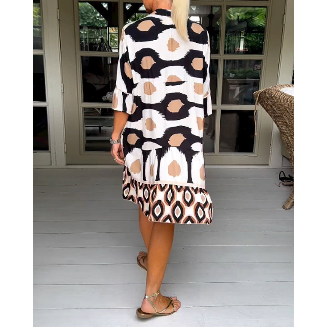Robe Femme Évasée Imprimée | Col en V & Manches 3/4 Évasées