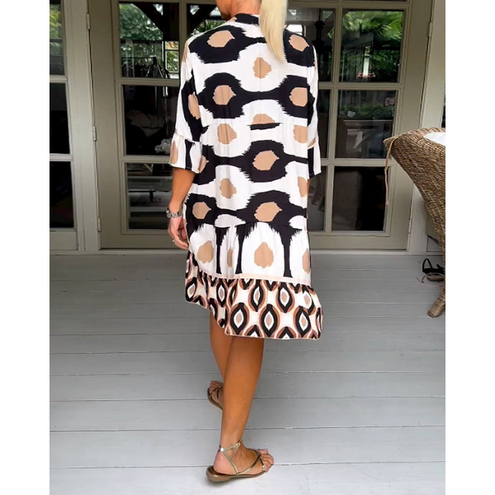 Robe Femme Évasée Imprimée | Col en V & Manches 3/4 Évasées