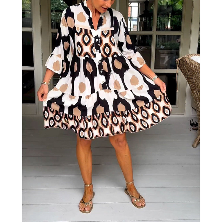 Robe Femme Évasée Imprimée | Col en V & Manches 3/4 Évasées