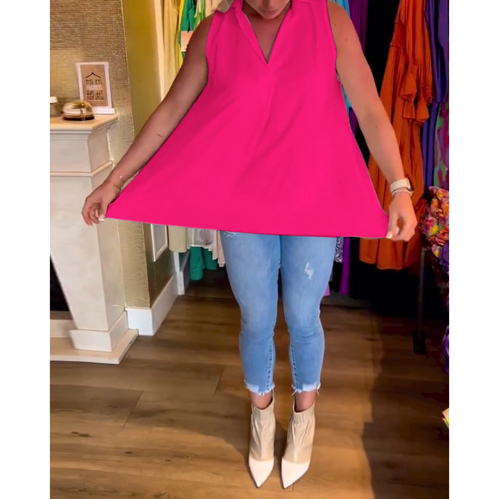 Women's Sleeveless Top with Lapel Collar | Plain &amp; Pleated at the Back