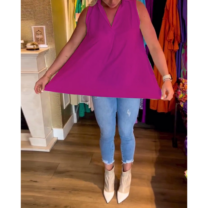 Women's Sleeveless Top with Lapel Collar | Plain &amp; Pleated at the Back