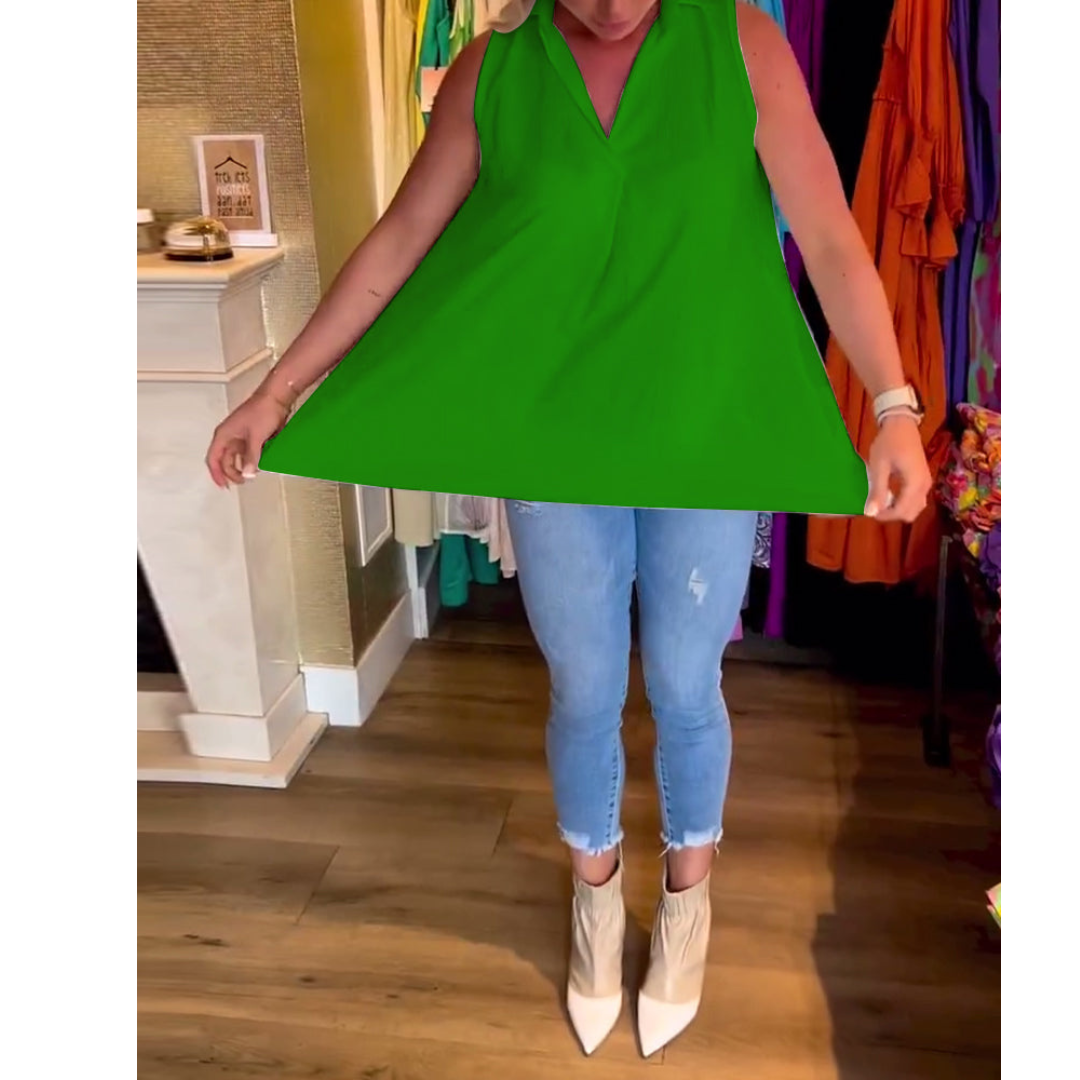 Women's Sleeveless Top with Lapel Collar | Plain &amp; Pleated at the Back