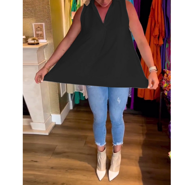 Women's Sleeveless Top with Lapel Collar | Plain &amp; Pleated at the Back