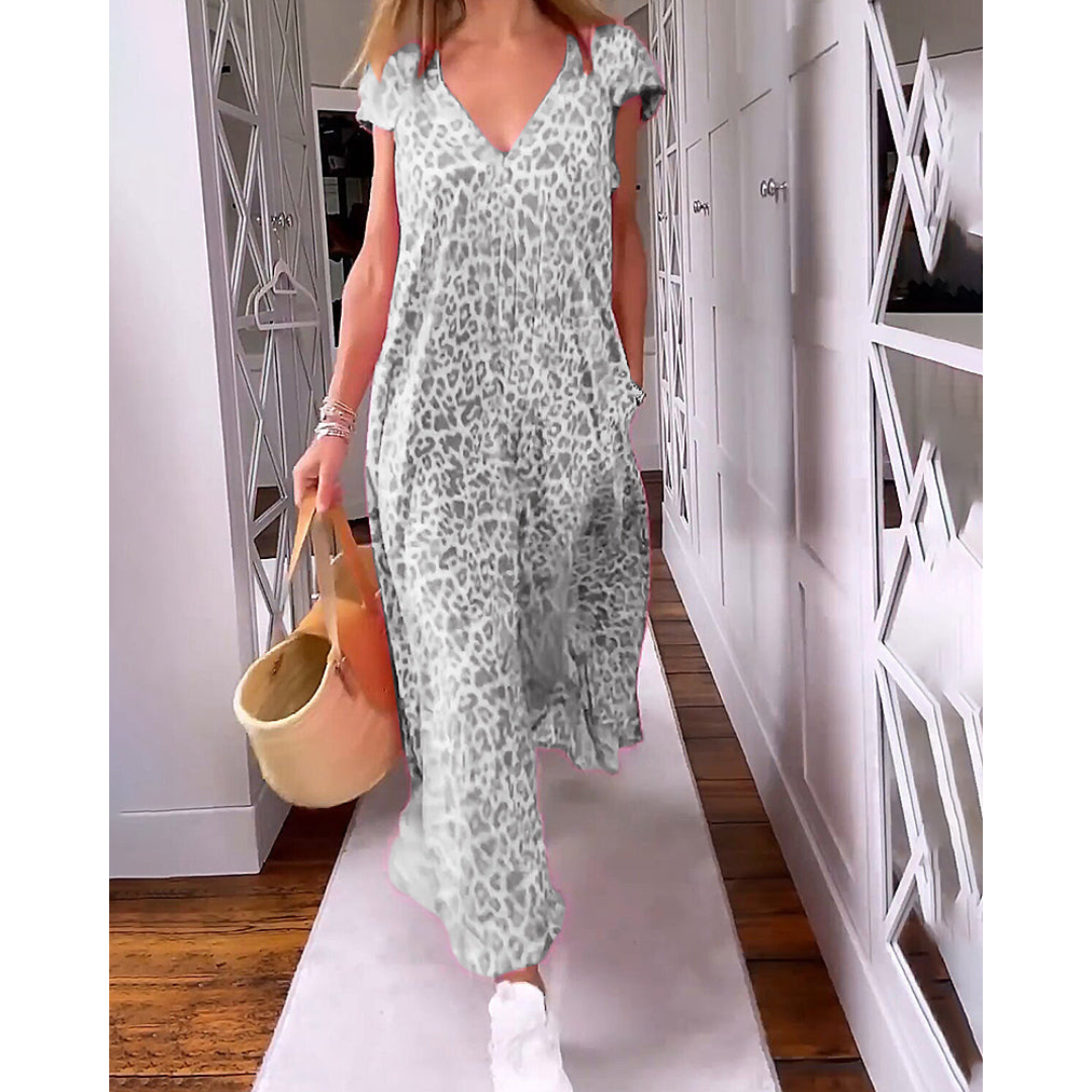 Robe Longue Femme à Imprimé Léopard | Col en V & Poches